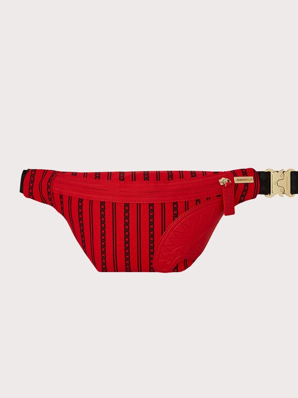 Sprayground Red and Black Vertical-Striped Belt Bag with Gold Hardware